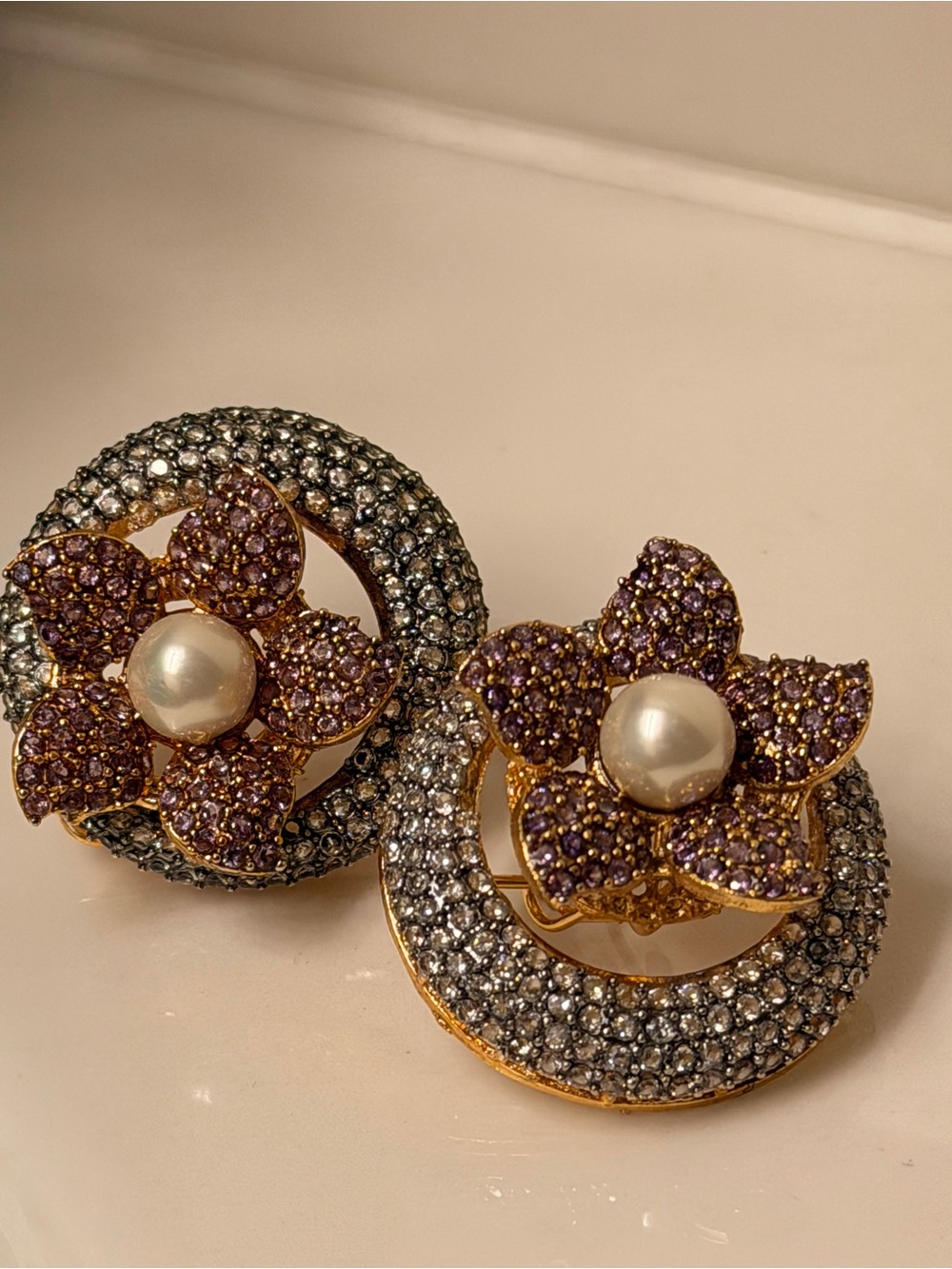 Turkish Gold Floral Pearl & Crystal Statement Earrings - Purple